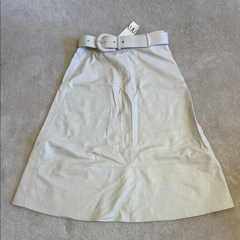 Zara Cream A-Line Belted Faux Leather Midi Skirt size L NWT